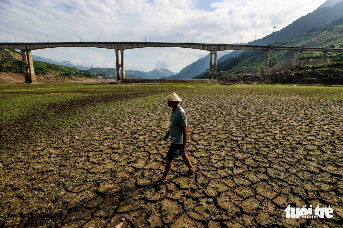 Người dân tại thị xã Mường Lay (Điện Biên) đi bộ giữa lòng hồ thủy điện Sơn La. Hạn hán kéo dài, nắng nóng gay gắt, mưa ít khiến mực nước ở hồ thủy điện lớn nhất Việt Nam xuống mực nước chết, ảnh hưởng lớn đến việc vận hành, cung cấp điện và sinh kế của người dân - Ảnh: NGUYỄN KHÁNH